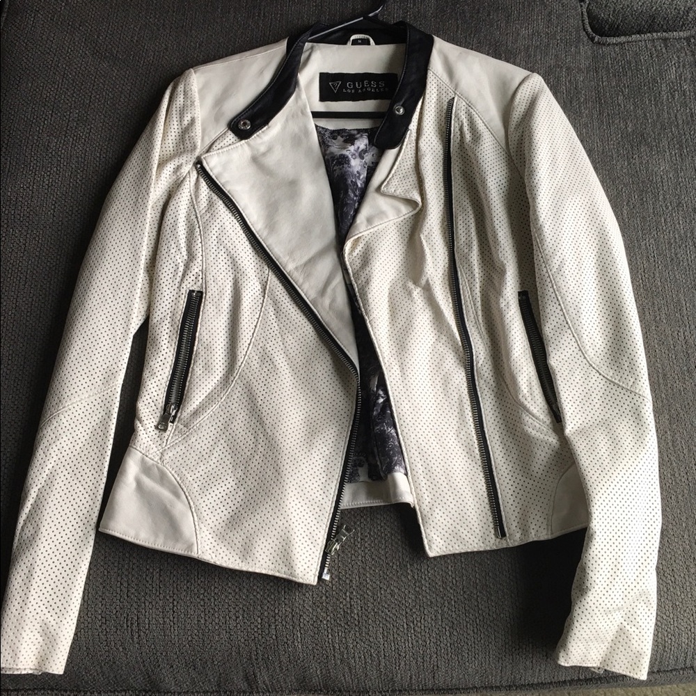 GUESS Cream Leather Moto Jacket